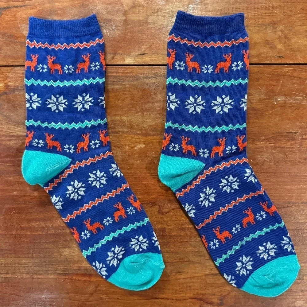 Blue Knit Holiday Themed Crew Socks
